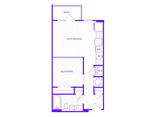 Floor plan Studio One Bath (623 SF)
