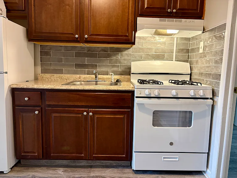 Fully renovated kitchen with new stove and decorative backsplash