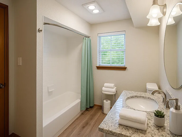 Sleek vanity style meets cozy comfort Everything in place for a perfect refresh!