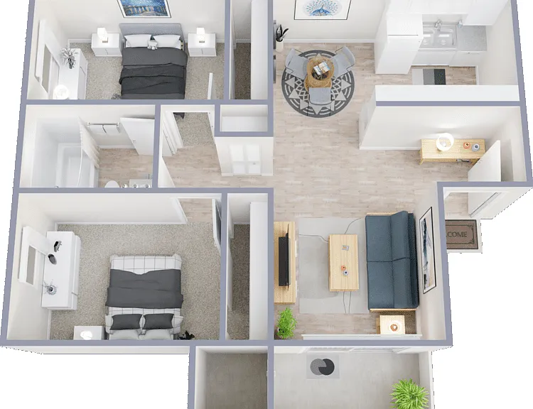 2 Bed 1 Bath Floorplan Diagram