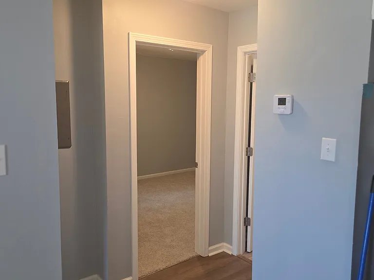 Convenient central hallway providing easy access to bedrooms and shared living spaces. Featuring modern gray paint, white trim accents, and durable wood-style flooring, this transitional area creates a clean and cohesive flow throughout the home. The neut