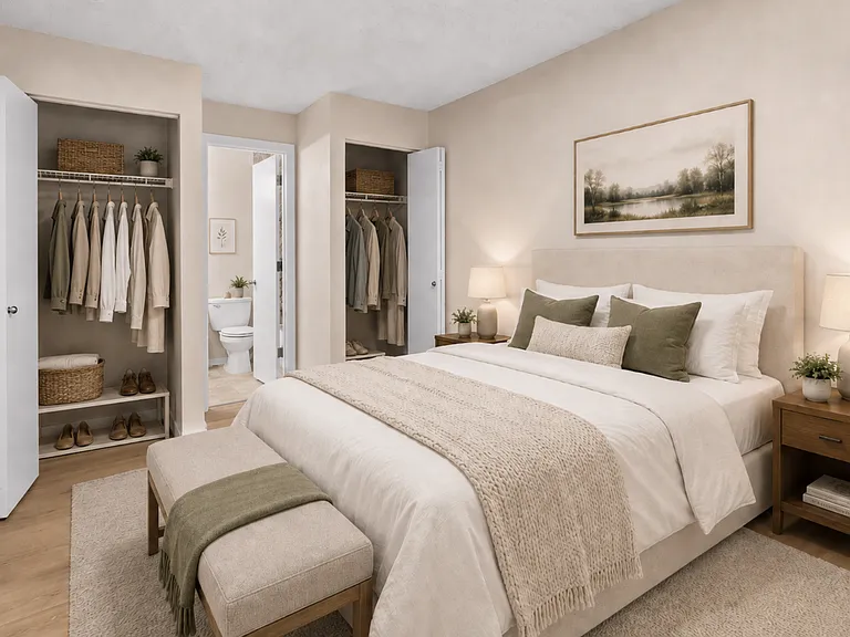A spacious primary bedroom with dual closets, calming neutral finishes, and convenient access to the adjoining bathroom. A spacious primary bedroom with dual closets, calming neutral finishes, and convenient access to the adjoining bathroom.