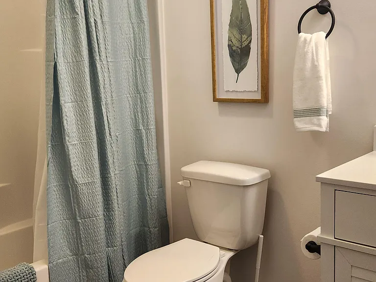 Full bathroom with tub/shower combo, updated vanity, and dark wood-look flooring for easy upkeep.