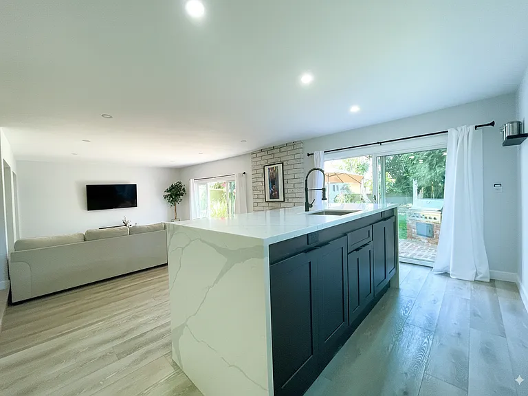 Island and living room