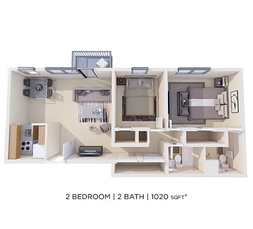 Floor plan Two Bedroom 2 Bath - 1,020 sqft