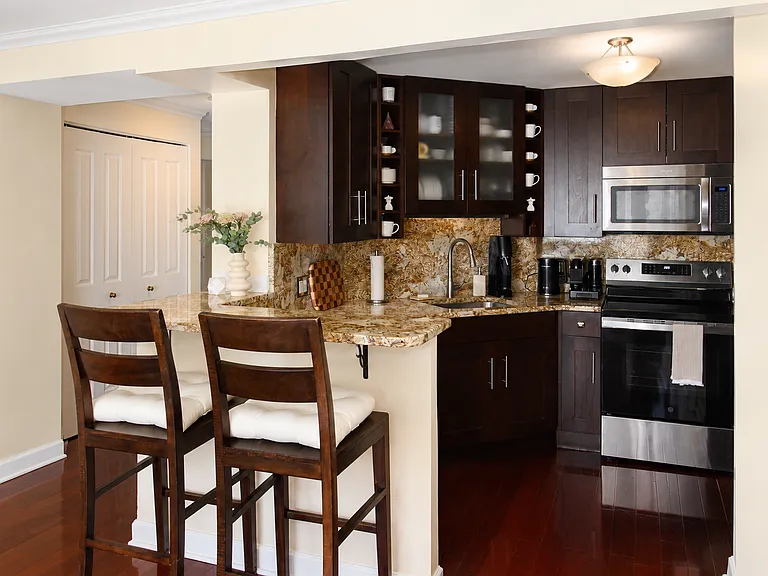 Sleek modern kitchen equipped with stainless steel appliances, gorgeous marble countertops, and rich dark-wood cabinetry. The open layout features a convenient marble breakfast bar with seating, ideal for casual dining and morning coffee.