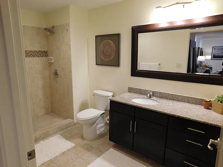 Mural Suite #702 Bathroom with Walk In Shower and Large Vanity