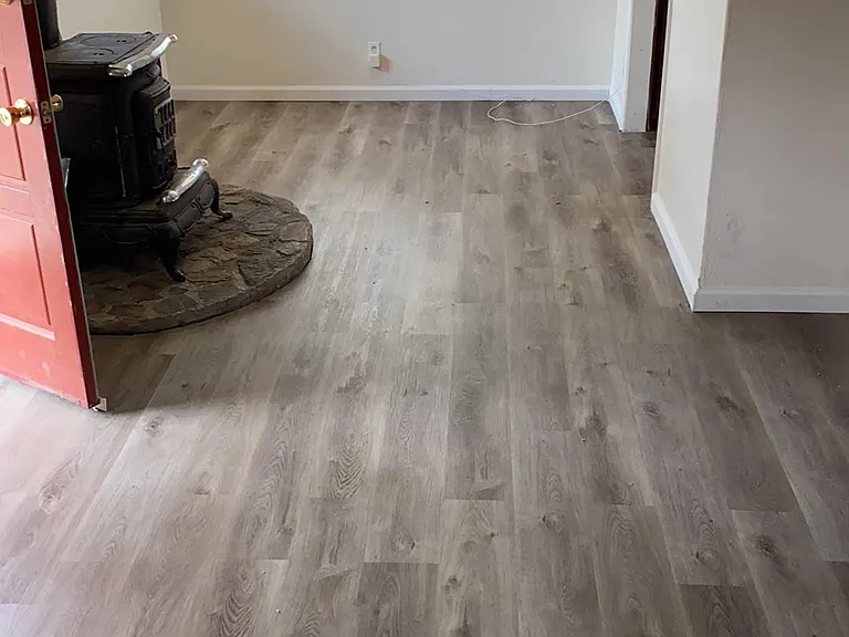 family room with wood burning stove