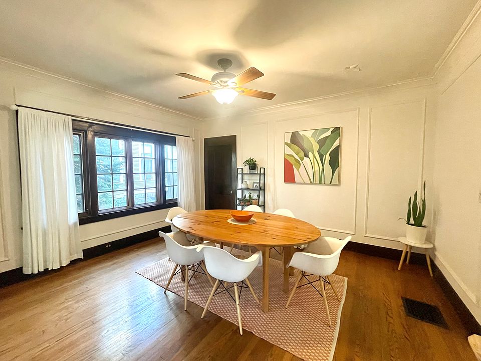 The dining room has seating for six and amazing windows that let plenty of light in.