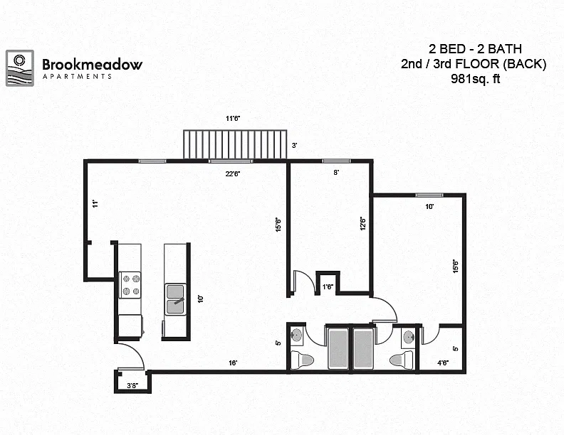 Floor plan 2 Bed, 2 Bath - 981 sq ft