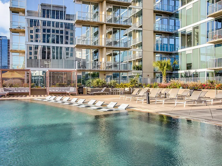 Poolside spaces designed for relaxation and downtime.