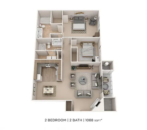 Floor plan Two Bedroom 2 Bath - 1,088 sqft
