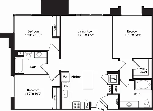 Floor plan Three Bed C1 D No Balcony