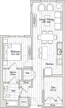 Floor plan 1 Bed/1 Bath Den-B1m1