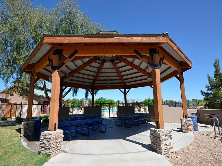 At each of the 3 swimming pool Rec Centers there is a gazebo, changing area and bathrooms plus a HEATED year round Olympic size pool & Spa!