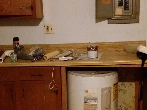 Kitchen (painted) cabinets / water heater / electrical panel.
