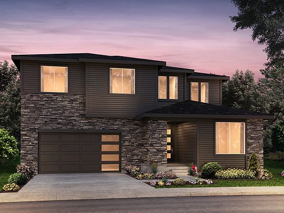 Two-story Preston plan shown in Elevation B with a three-car garage and a modern design.