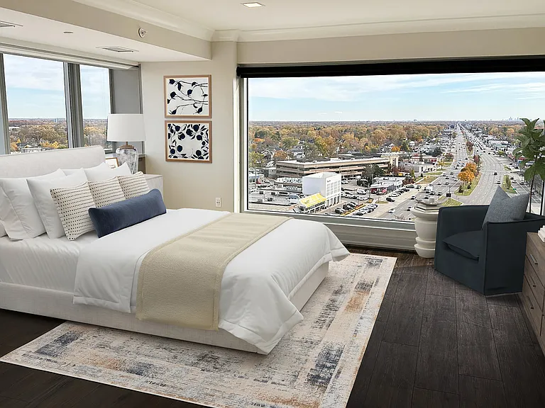 FLOOR TO CEILING WALL OF WINDOWS FACES HUGE VISTAS SOUTH TO CANADA