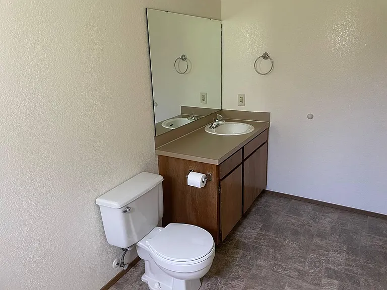 Spacious bathroom with large vanity, oversized mirror, and additional floor space