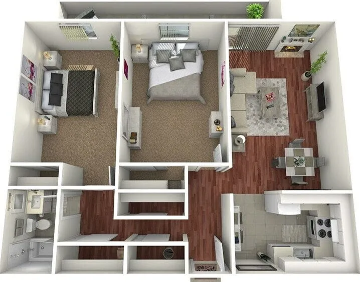 Two Bedrooms One Bathroom (B4) Floorplan Diagram