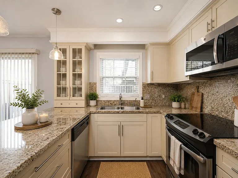 Updated kitchen featuring stainless steel appliances, ample cabinetry, and generous countertop space. Photos are virtually staged.