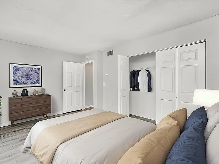 Bright and cozy bedroom with modern decor, featuring a comfortable bed, elegant dresser, and spacious closet.