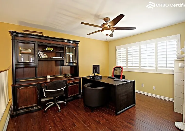 Full office with PC workstation and dark wood