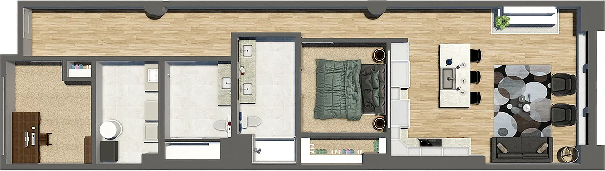 Floor plan Suite Style 16 - 1 Bedroom 1.5 Baths with Den
