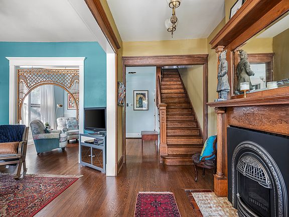 Front entry with fireplace