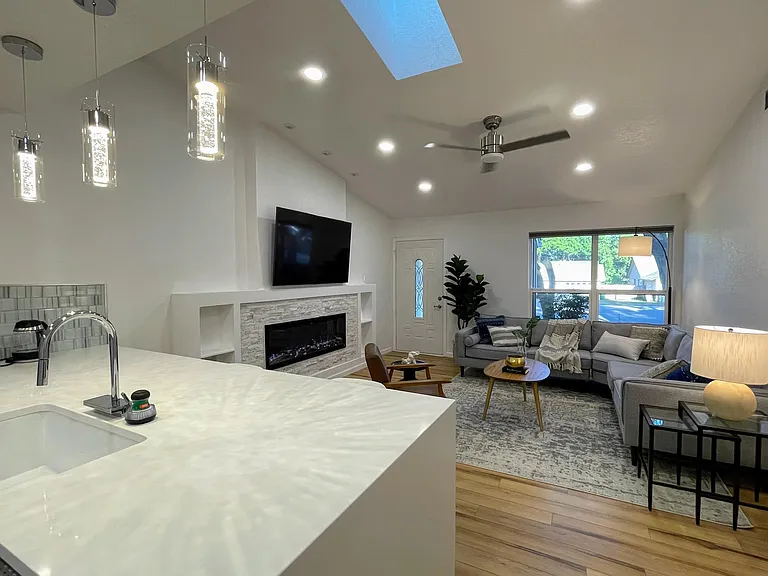 Newly installed Quartz waterfall island