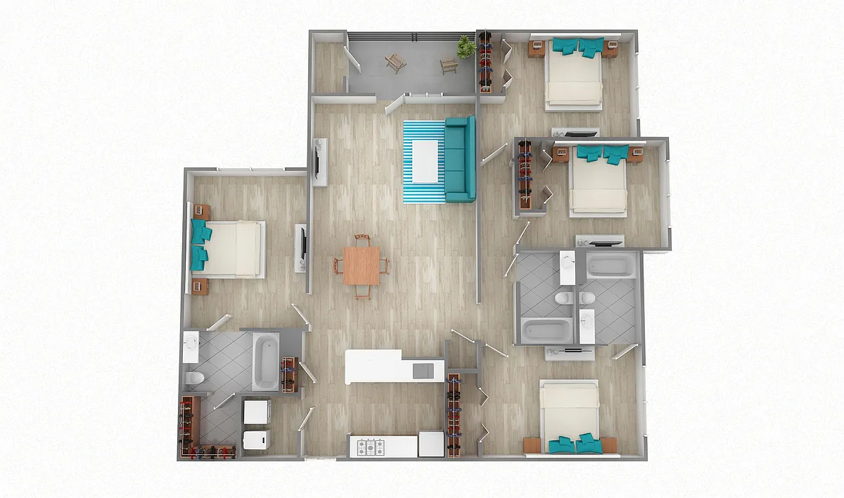 Floor plan Four Bedroom Three Bath (1496 SF)