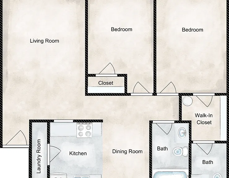 2 Bedroom 1.5 Bath Floorplan Diagram