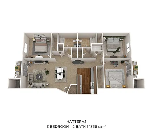 Floor plan Three Bedroom 2 Bath - 1,356 sqft