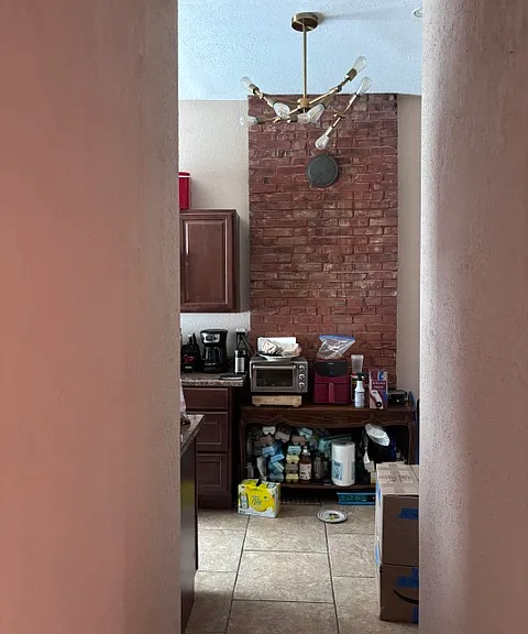 Kitchen hall, midcentury modern light fixture, exposed brick