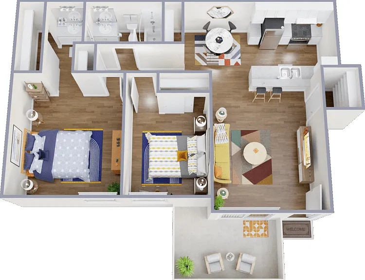 Two-Bedrooms, One-Bathroom Floorplan Diagram