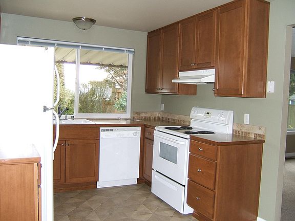 Kitchen with D/W, oven, range, vent hood and refrigerator/freezer.