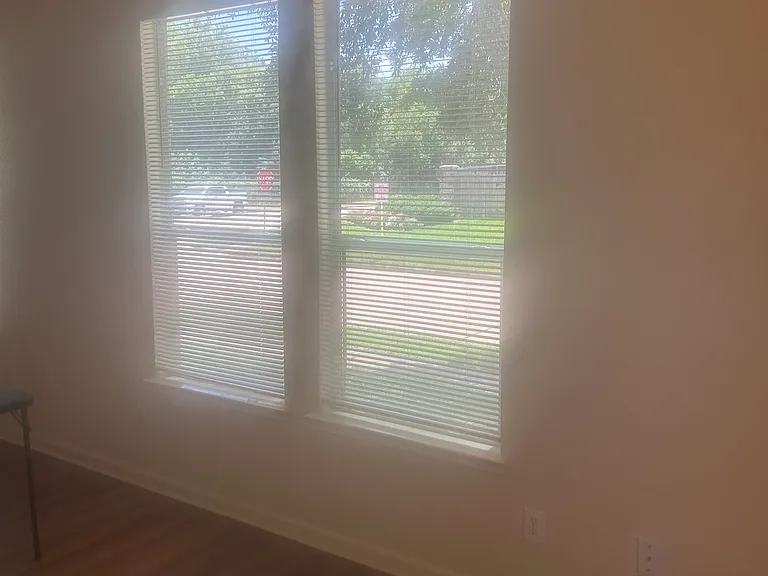 Two of four windows in the living room