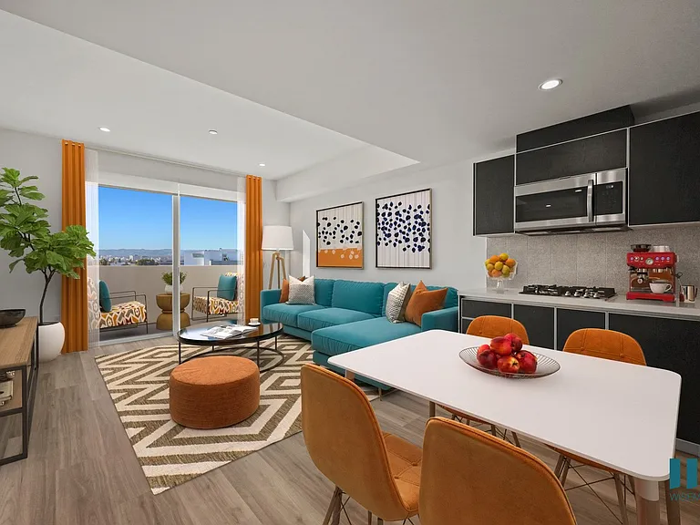 Open-Concept Kitchen, Dining, and Living Room with a Patio - Peach Floor Plan