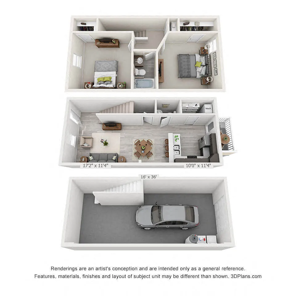 Floor plan 2 Bedroom, 1.5BA Townhome with Garage