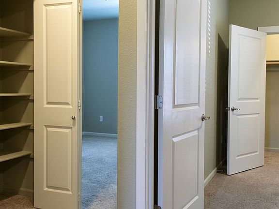 Modern apartment with spacious closet featuring built-in shelving and an adjacent carpeted room with open doorways creating a welcoming flow. Modern apartment with spacious closet featuring built-in shelving and an adjacent carpeted room with open doorway