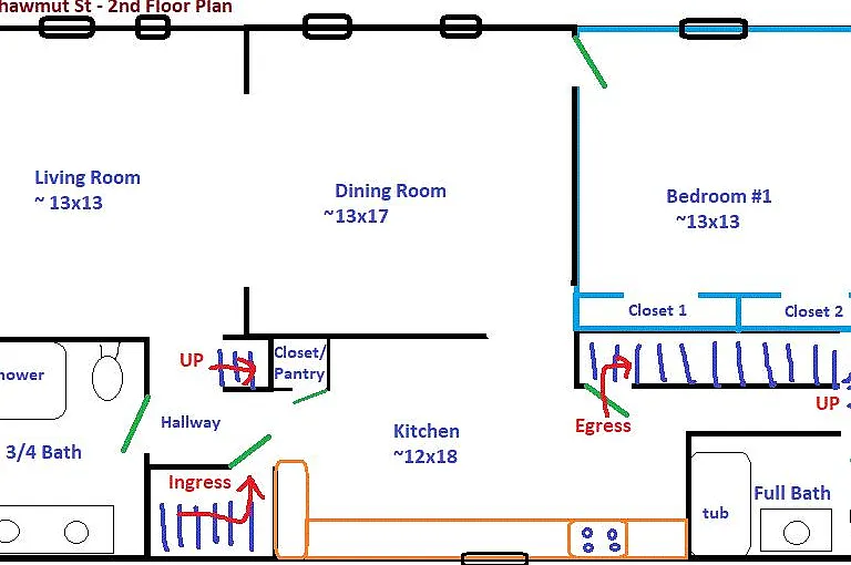 Floor plan of 2nd level, big dining, living room & kitchen.