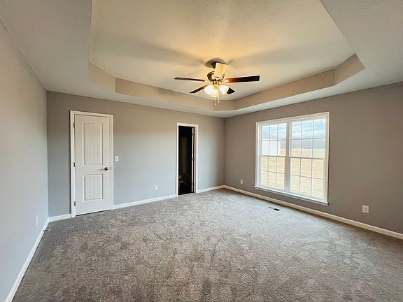 Main/master bedroom has a trey ceiling with ceiling fan.