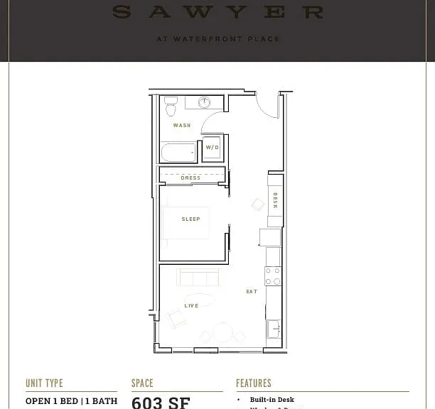 Explore the sophisticated layout of The Sawyer's one-bedroom apartment with built-in conveniences. Explore the sophisticated layout of The Sawyer's one-bedroom apartment with built-in conveniences.
