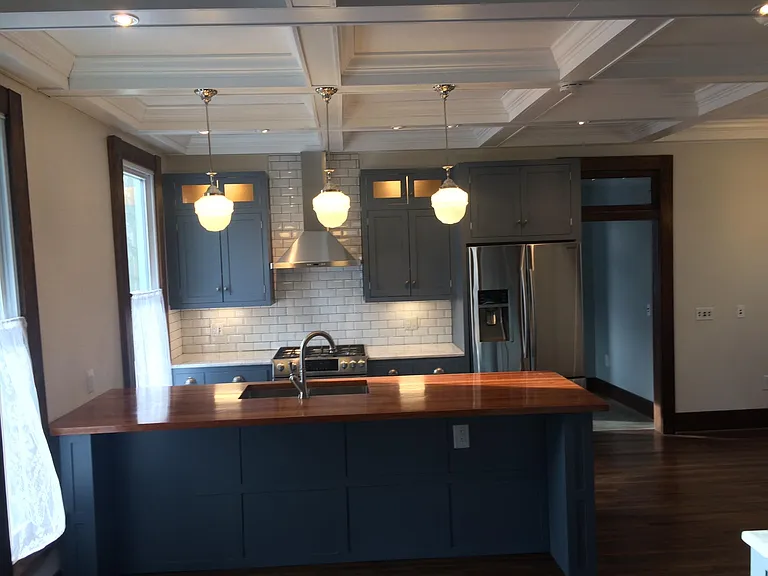 coffer kitchen ceiling, house comes with Victorian lace curtains, they provide privacy without sacrificing all the natural light.