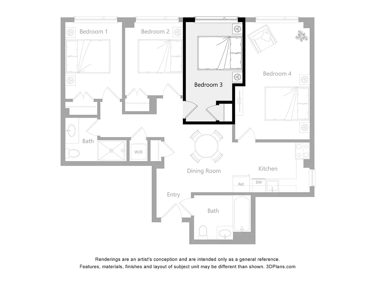 Floor plan Furnished Room in a 4 Bedroom 2 Bathroom (A3)