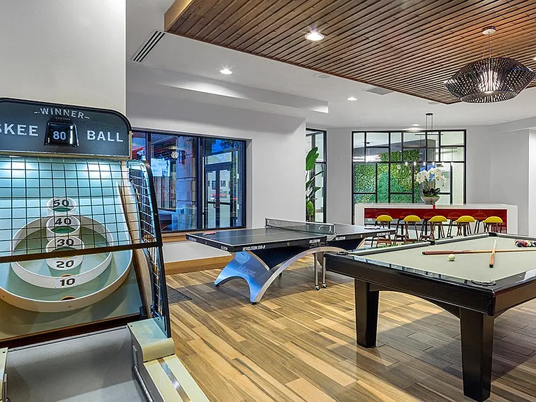 Designer clubroom with double-sided fireplace, TVs, billiards, Skee-ball and more