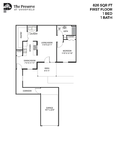 Floor plan 1 Bedroom 1 Bath (826 Sq. Ft.)