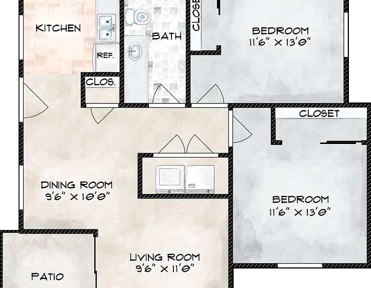 2 Bed 1 Bath - Renovated Floorplan Diagram