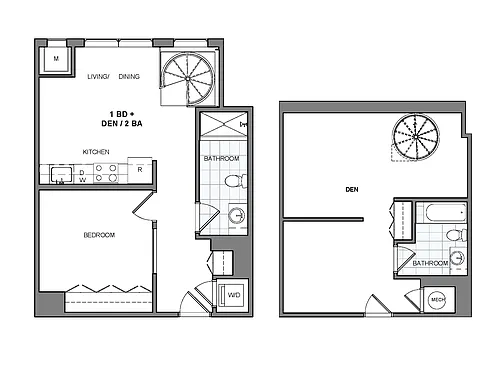 Floor plan One Bedroom 2 Baths and Den Duplex