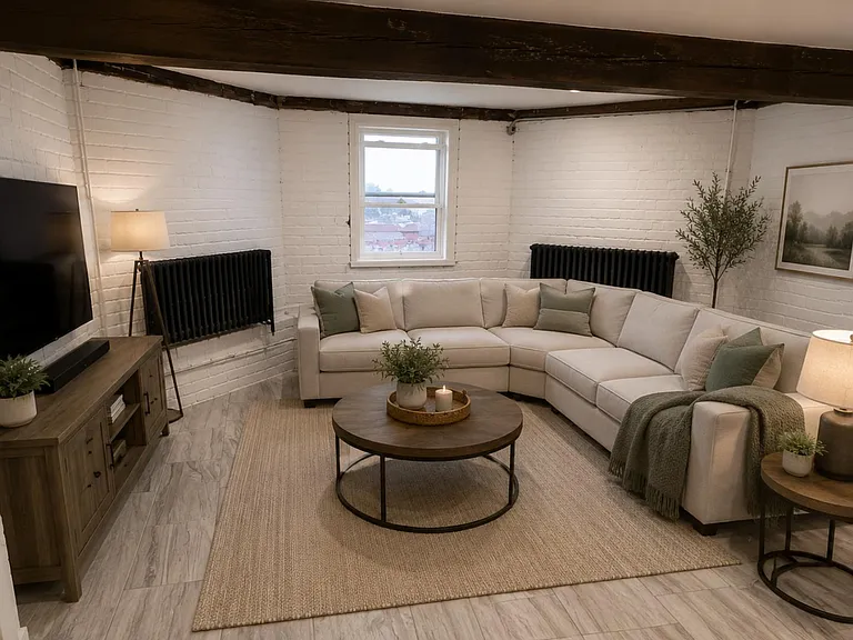 Inviting living area with a sectional, media console, and accent lighting, set against painted brick with a central window.